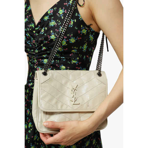 Saint Laurent Accessories - Saint Laurent White Crinkle Leather Baby Niki Shoulder Bag